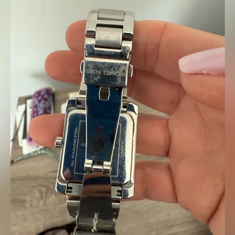 Michael Kors Pink and Silver Stainless Steel Rectangular Bracelet Watch